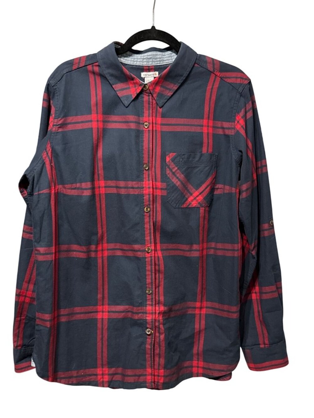 Carhartt Woman’s Size L Red & Navy Plaid Long Sleeve Shirt Button Front Cotton